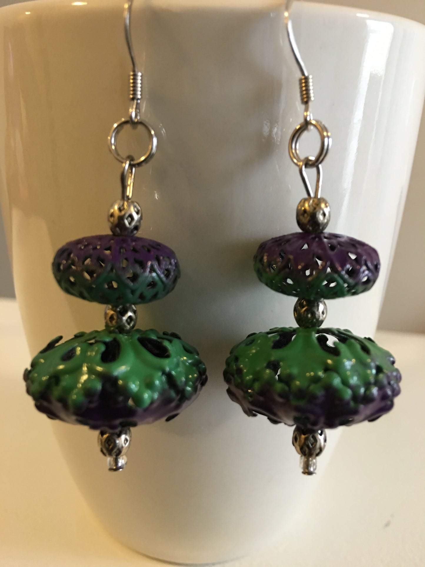 Purple and Green Filigree Earrings