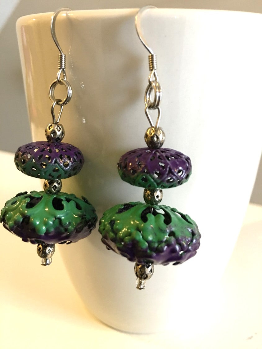 Purple and Green Filigree Earrings