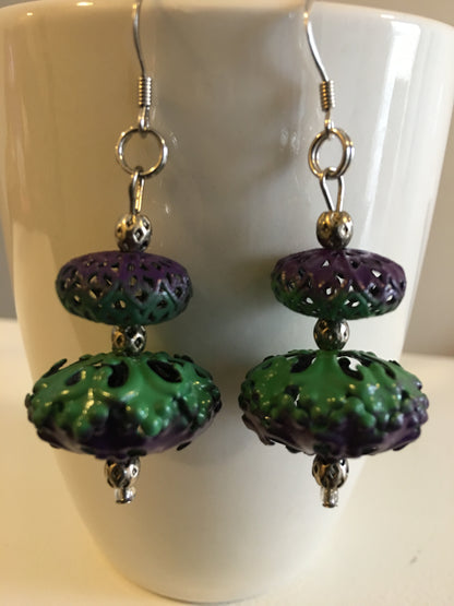 Purple and Green Filigree Earrings