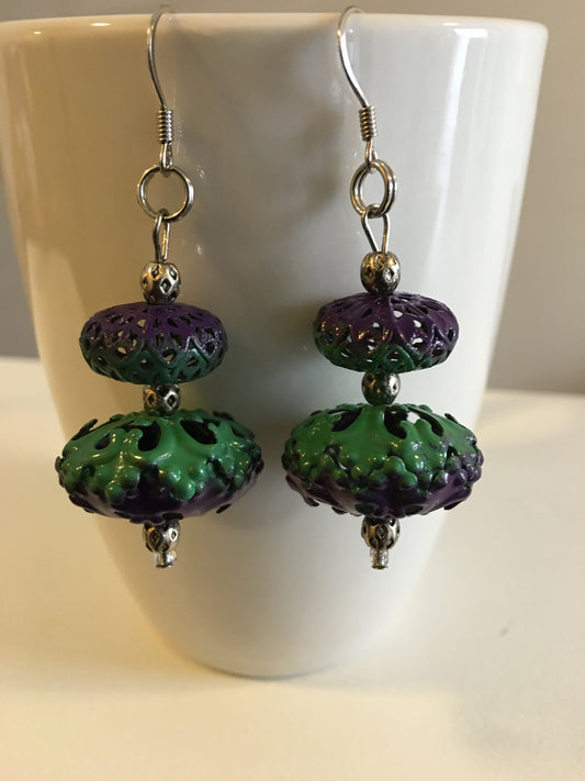 Purple and Green Filigree Earrings