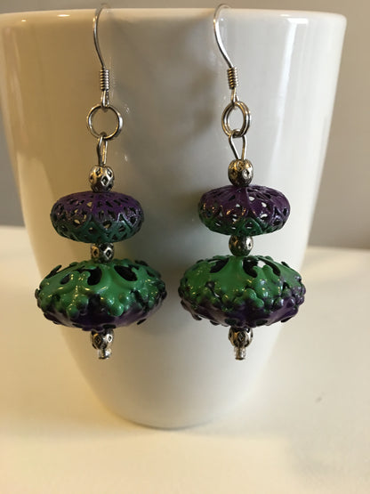 Purple and Green Filigree Earrings