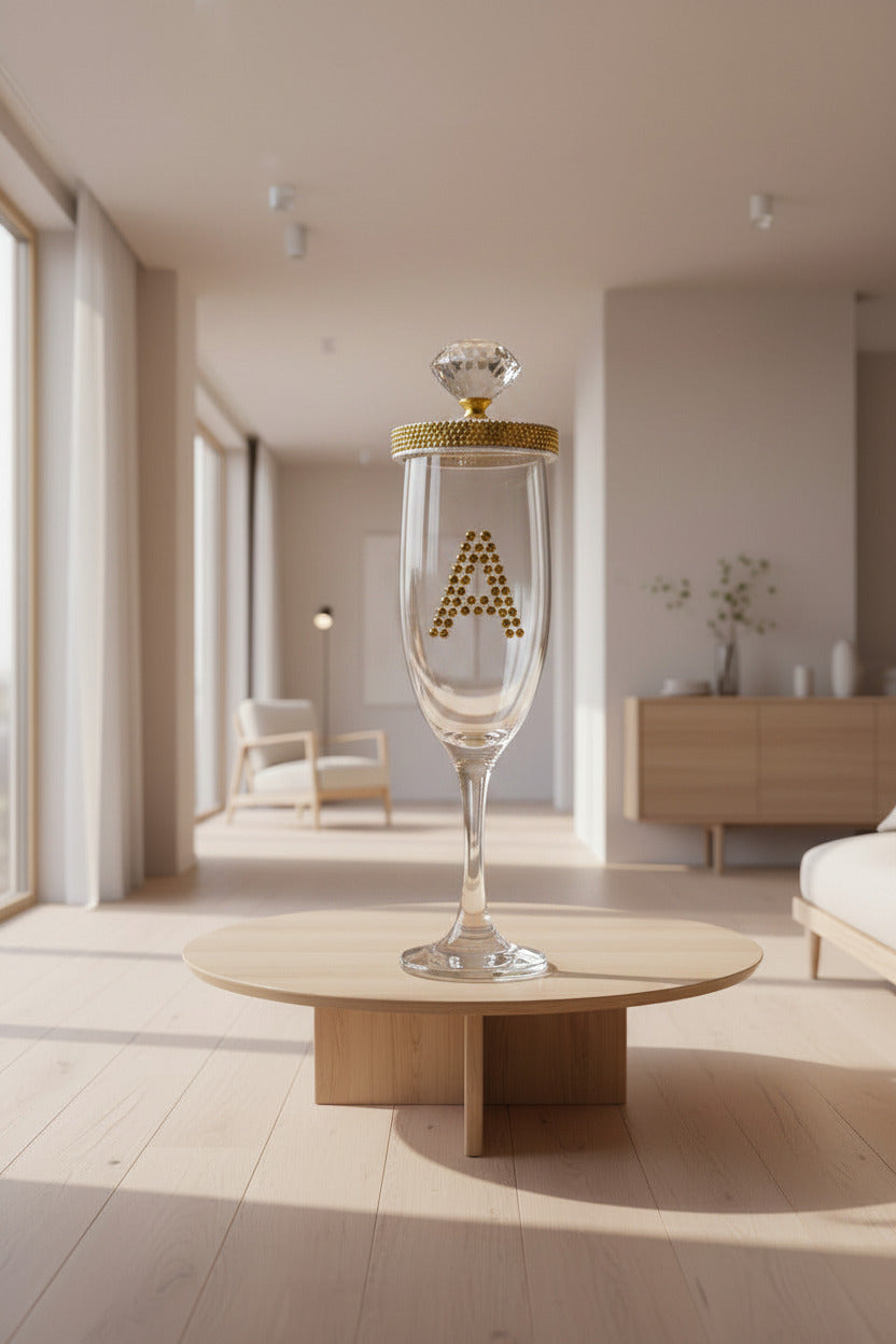 Decorative glass item with gold embellishments on a white background